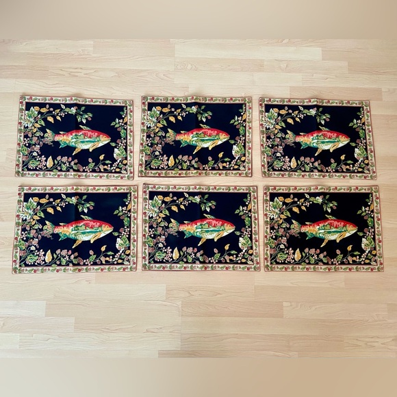 April Cornell Other - Set 6 - April Cornell Placemats Trout Fish Raspberries Ivy Black Dusty Rose Pink